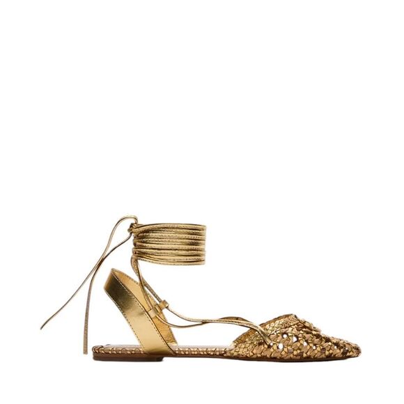 Steve Madden Gossamer Gold Leather Woven Lace-Up Ballet Flat 11 NEW - Picture 3 of 7